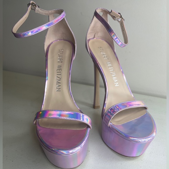 Stuart Weitzman Nudistcurve Hollywood Pink Iridescent Heels 8.5 Platform Sandals - Picture 7 of 12